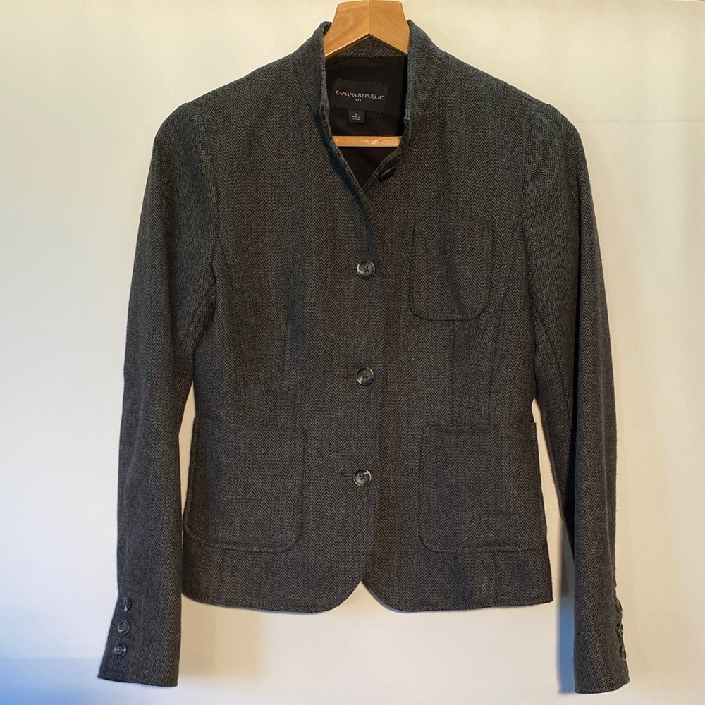 Banana Republic Women's Charcoal Herringbone Wool Blend Blazer